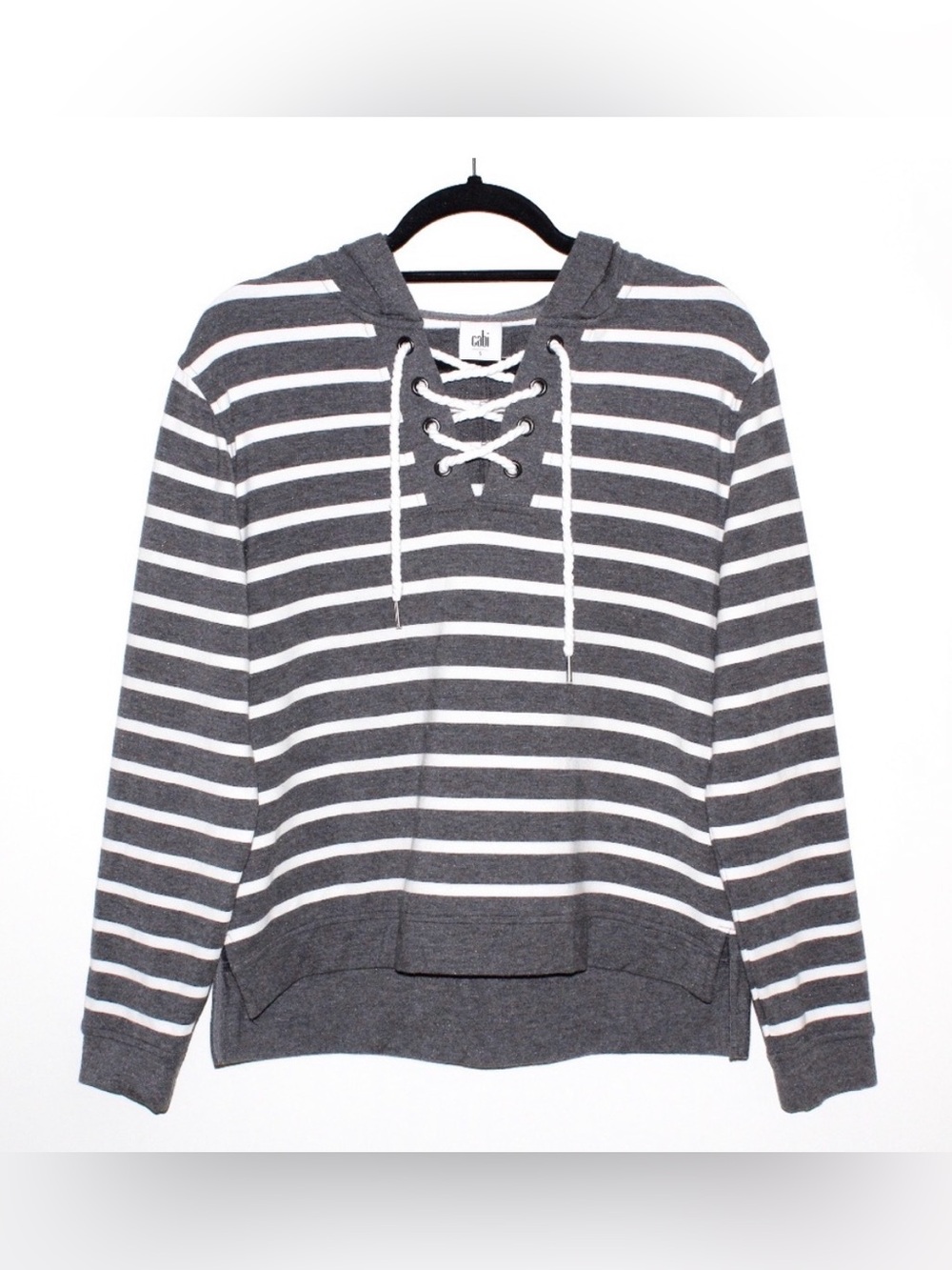 CAbi Nautical Inspired Gray & White Striped Hoodie - Soft French Terry Knit (L) - Picture 4 of 14